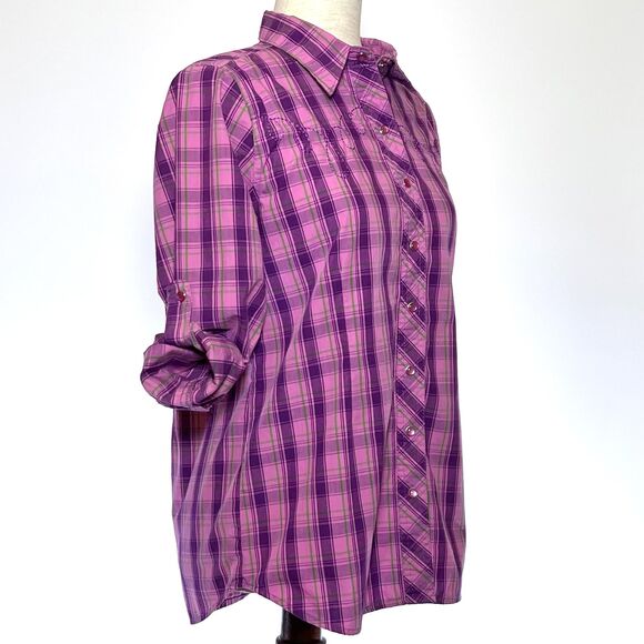 Bit & Bridle Pink Plaid Pearl Snap Top Size S - Picture 3 of 7